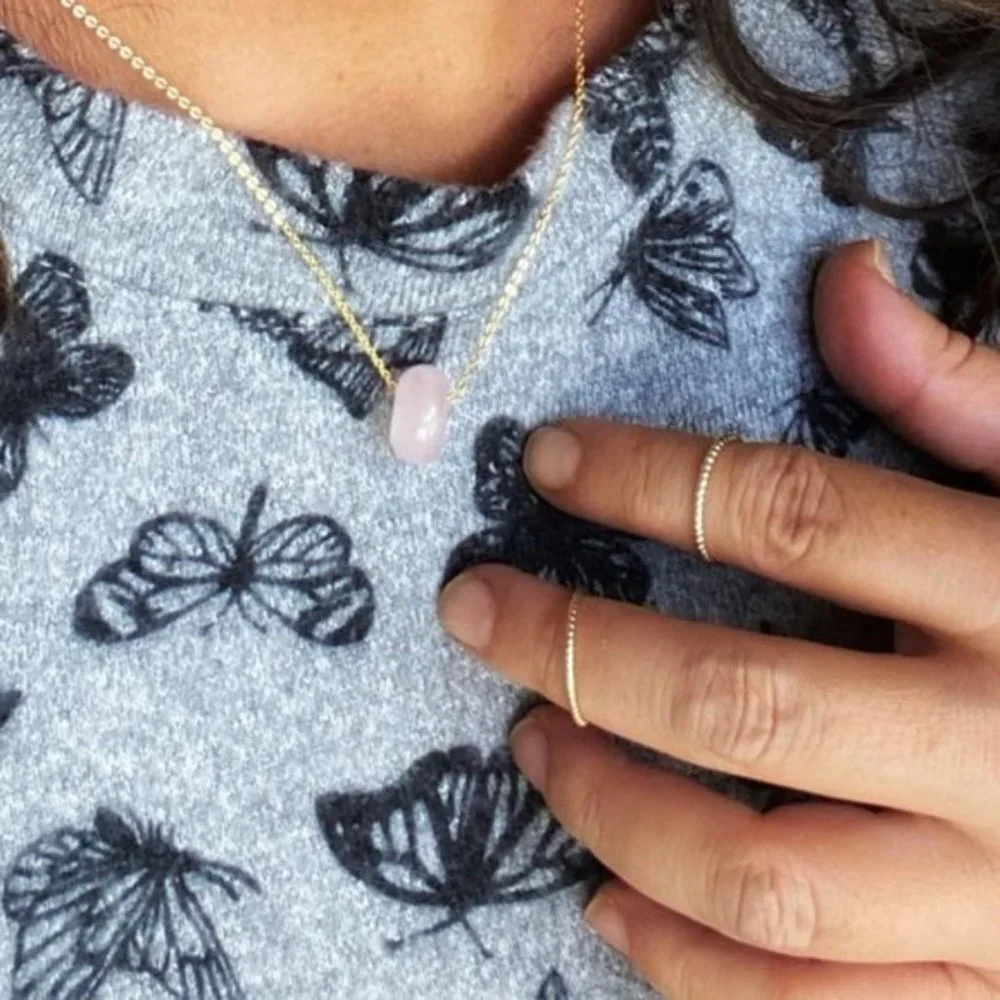 Pink Quartz  donut/worry stone Vermeil gold dainty necklace/ heart chakra
